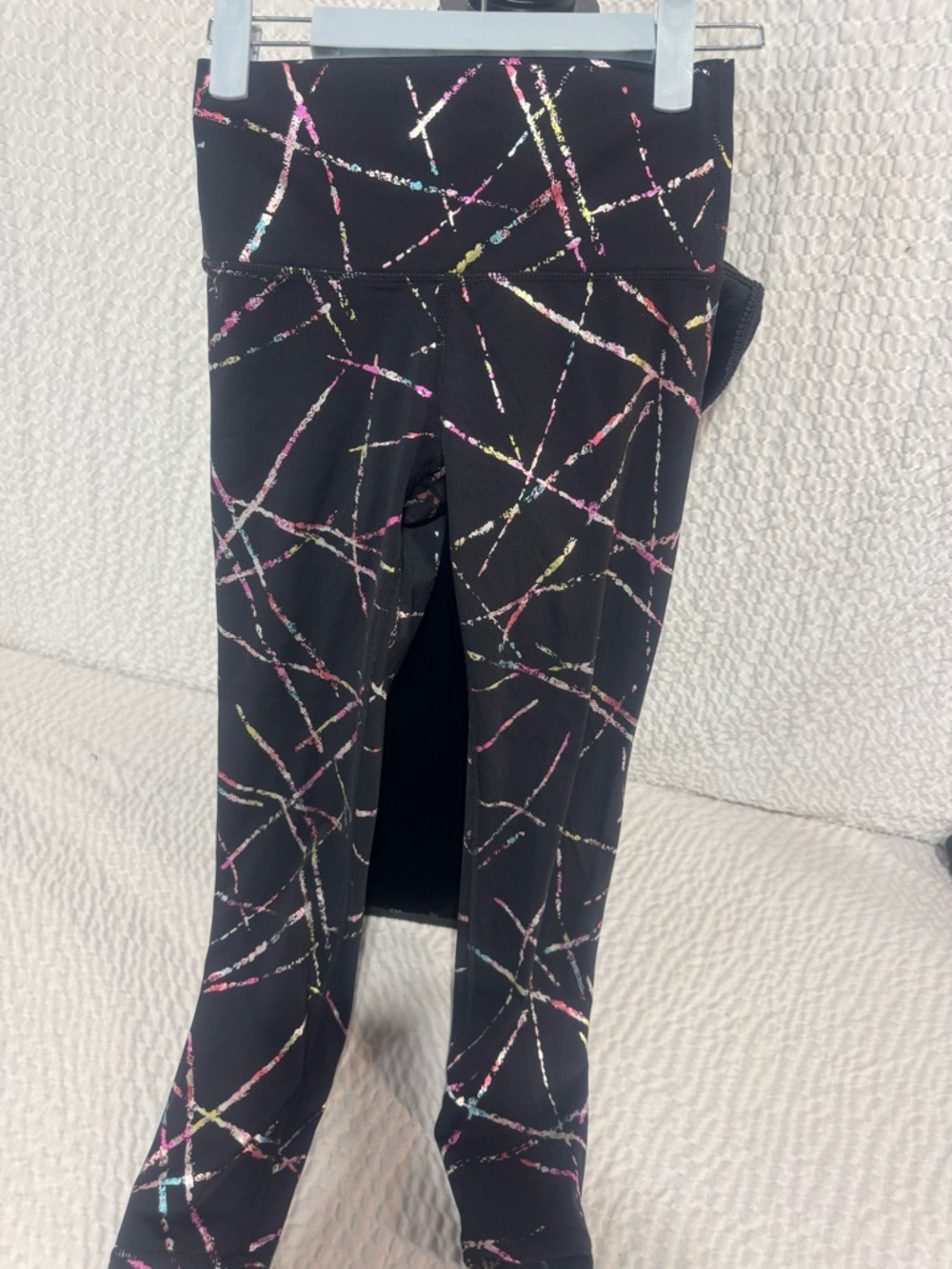 ZYIA Black Leggings with Pink, Yellow and Blue Paint-Stripe Print